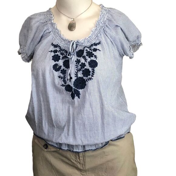 Blue striped cap sleeve with embroidery - Picture 1 of 2